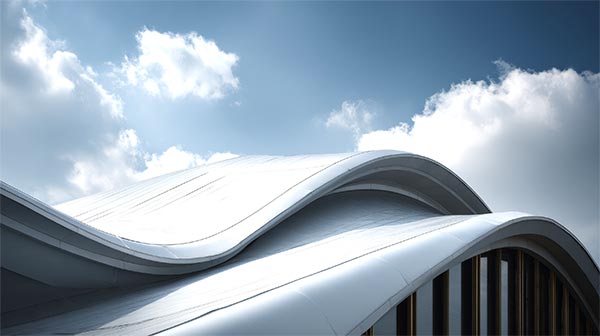 Curved modern roofing system with a seamless waterproofing membrane under a blue sky, representing high-performance flat roof and waterproofing solutions from Wholesale Roofing NZ.