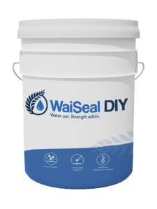 White and blue WaiSeal DIY waterproofing bucket featuring the brand logo and icons highlighting anti-corrosion, acid and alkali resistance, and temperature durability.